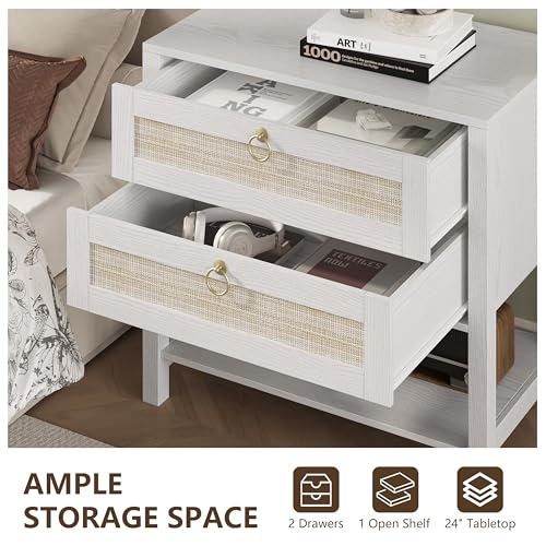 Xixini Rattan Nightstand with 2 Drawers and Open Shelf, 27" Wide Boho Bedside Table with Brass Knobs, Mid-Century Modern Wooden End Table for Bedroom, White - color: White