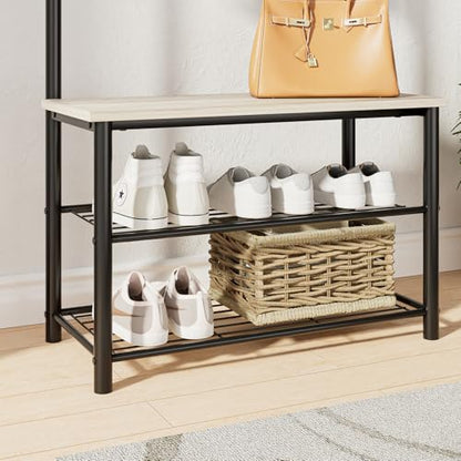 Hall Tree with Bench and Shoe Storage, 3-in-1 Coat Rack, Freestanding Wooden Coat Rack with Shoe Bench with Metal Frame, 3-Tier Storage Shelf and 9 Removable Hooks, Greige - color: Greige