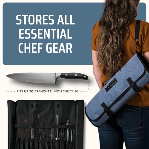 Asaya Waxed Nylon Chef Knife Roll Bag with 20 Slots and Zippered Pockets - Professional Chef Knife Bag & Storage Case, Tool Carrier with Shoulder Strap - Knives Not Included (Blue) - color: Blue