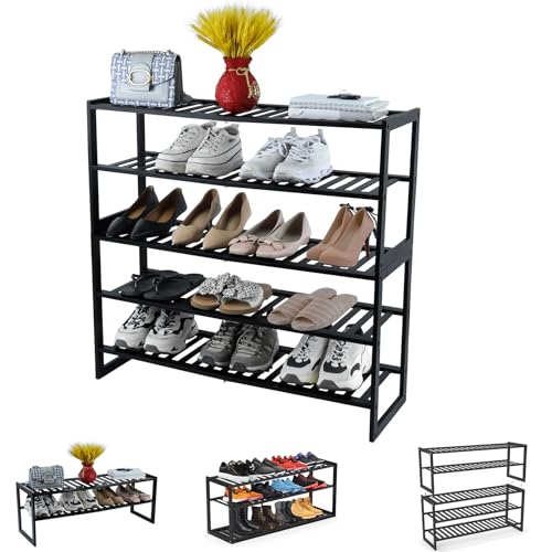 Jripae 5 Tier 32.5*10.5*30.3in Bamboo Shoe Rack for Closet Entryway Bedroom | Stackable Shoe Shelf Holder for Men/Women Hallway/Garage, Bookshelf, Flower Rack, Home Space Saving - size: 5-tier-long/32.5*10.5*30.3in