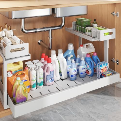 1 Pack-19"-32"W Expandable Under Sink Organizer With Upgrade Ball-Bearing Slide,2-Tier Pull Out Under Cabinet Organizer Height Adjustable,Not Suitable For Cabinets With Partitions In The Middle - color: White, size: 1 Pack-19"-32"W