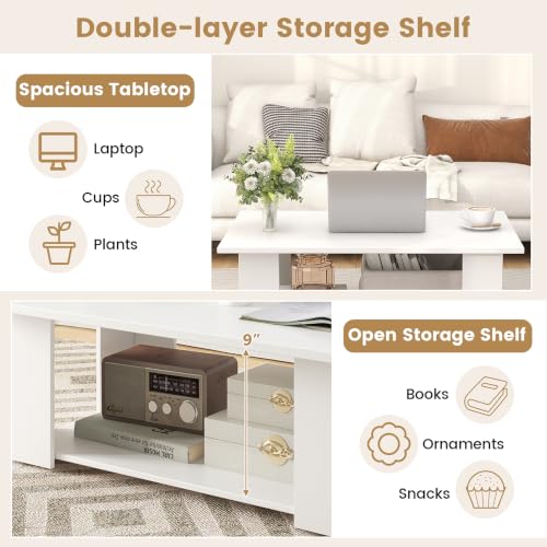 POWERSTONE 41 Inch 2-Tier Coffee Table with Storage Shelf, Wood Farmhouse Center Table with L Legs & Extra Bottom Support for Living Room, White - color: White