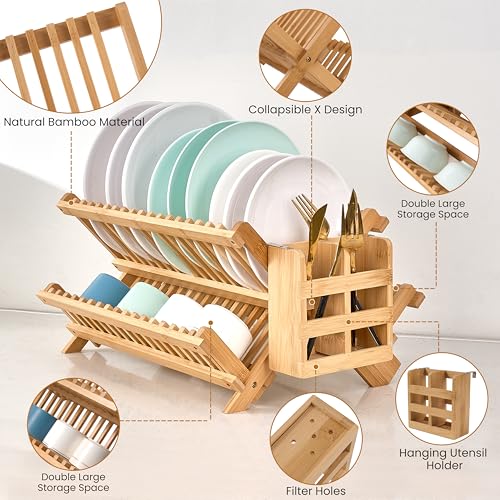 NOVAYEAH Bmaboo Dish Drying Rack for Kitchen Counter 3-Tier Collapsible Wooden Dish Drying Rack with Utensil Holder Dish Drainer Large Folding Dish Rack with Utensils Flatware Holder 51 pcs Grid - color: 3-tier Upgrade (Bamboo)