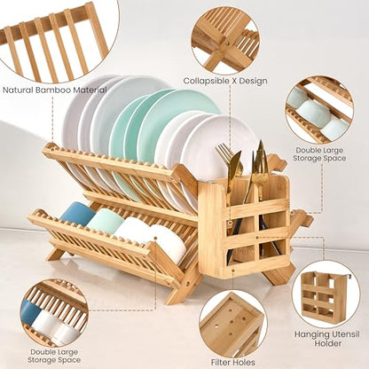 NOVAYEAH Bmaboo Dish Drying Rack for Kitchen Counter 3-Tier Collapsible Wooden Dish Drying Rack with Utensil Holder Dish Drainer Large Folding Dish Rack with Utensils Flatware Holder 51 pcs Grid - color: 3-tier Upgrade (Bamboo)