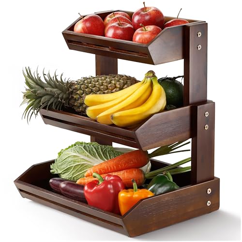 HOLANA Acacia 3 Tier Fruit Basket for Counter – Wooden Fruit Bowl for Kitchen Counter Organizer, Vegetable & Produce Storage, Wooden Basket & Snack Organizer for Countertop Storage (Walnut) - color: Walnut, size: 3 Tier