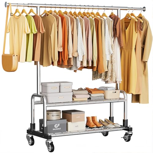 Luxspire Rolling Heavy Duty Clothes Rack with 2 Sturdy Shelves Load 600 LBS | Zinc-iron alloy frame, lockable silent wheels, adjustable extendable rods for bedroom and laundry room garment storage - color: Silver