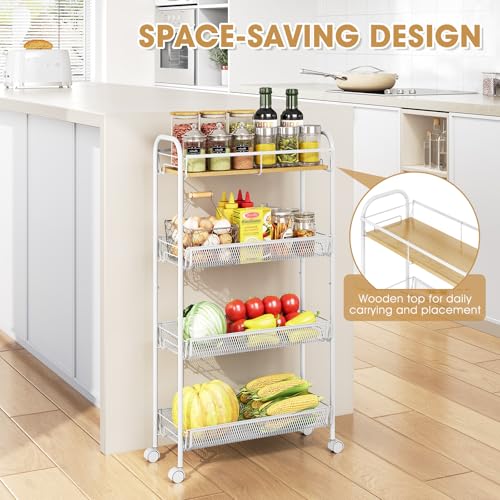 TOOLF 4-Tier Slim Rolling Cart, Metal Utility Cart, Slide Out Storage Cart with Wooden Tabletop and Mesh Baskets for Narrow Space on Kitchen Bathroom Laundry Room Bedroom Apartments Dormitory - size: Slim, style: White