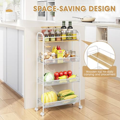 TOOLF 4-Tier Slim Rolling Cart, Metal Utility Cart, Slide Out Storage Cart with Wooden Tabletop and Mesh Baskets for Narrow Space on Kitchen Bathroom Laundry Room Bedroom Apartments Dormitory - size: Slim, style: White