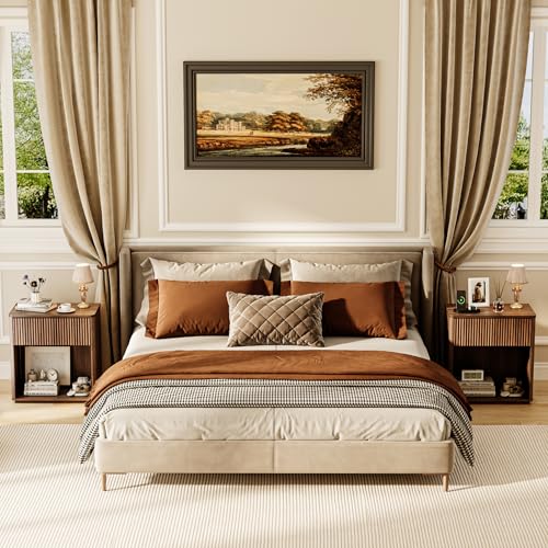 Modern Fluted Nightstand Set of 2 for Bedroom, Mid Century Bedside Table with Drawer & Open Shelf, Wood End Table, Farmhouse Night Stand for Home, Hallway, Office, Walnut - color: Walnut