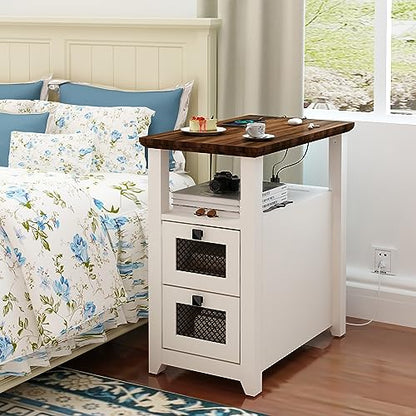 HDDDZSW Farmhouse XXL End Table with Charging Station, Narrow Side Table with USB Ports and Outlets, Nightstand with 2 Drawers Storage, Bedside Tables for Living Room, Bedroom, Rustic Walnut White - color: White