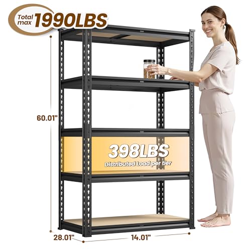 DurayLoly 5-Tier Storage Shelves, 1990LBS Adjustable Pantry Shelves, Metal Shelving Unit for Kitchen, Pantry, Closet, Laundry,Garage, 60.01" H x 28.01" W x 14.01" D - size: 60.01" H x 28.01" W x 14.01" D