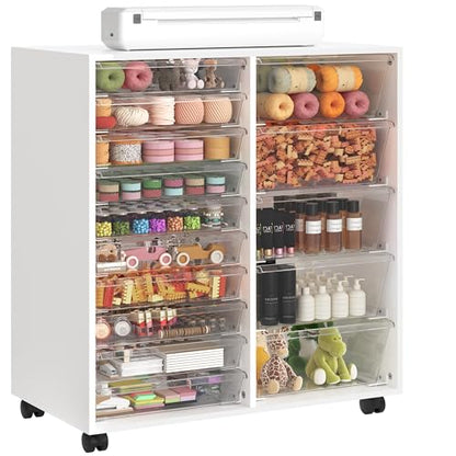 WOPITUES Mobile Storage Cabinet with 15 Clear Drawers, Craft Cabinet with 5 Large Drawers, Cart with Wooden Tabletop, Printer Stand Home Office, Dresser Chest, Modern White - color: White, size: 10M+5L