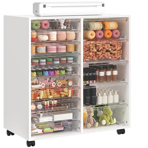 WOPITUES Mobile Storage Cabinet with 15 Clear Drawers, Craft Cabinet with 5 Large Drawers, Cart with Wooden Tabletop, Printer Stand Home Office, Dresser Chest, Modern White - color: White, size: 10M+5L