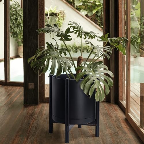 D'vine Dev Plastic Pot with Ebony Wood Stand, Black, 16 in, 55-C-Z-2 | Mid-Century Inspired Design, Elevated Plant Display, Clean Lines, Sturdy Support, Modern Space-Saving Style - color: Matte Black Pot + Ebony Stand, size: 16 Inch