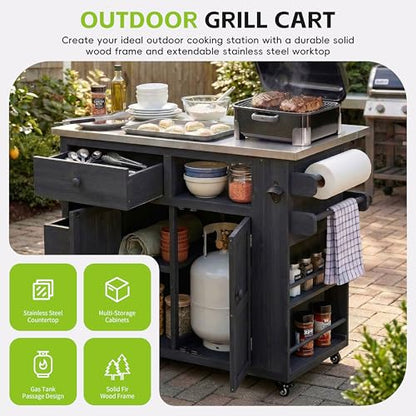 Outdoor Solid Wood Kitchen Island with Storage, 28" Extendable Stainless Steel Top Grill Cart, Rolling BBQ Prep Station with Drawers, Spice Rack, Towel Rack for Backyard, Patio, Camping - color: Black