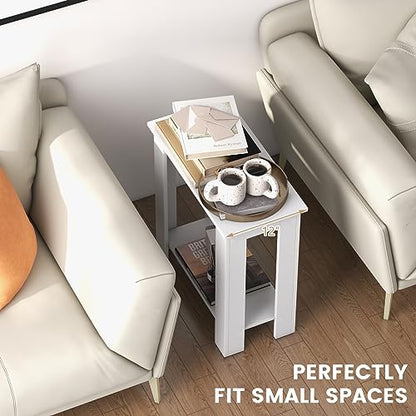 Giantex Narrow End Table Set of 2, 2-Tier Side Table with Open Storage Shelf, Retro Wood Sofa Table Bedside Tables for Small Spaces, Slim Nightstand for Living Room, Bedroom, Easy Assembly, White - color: White