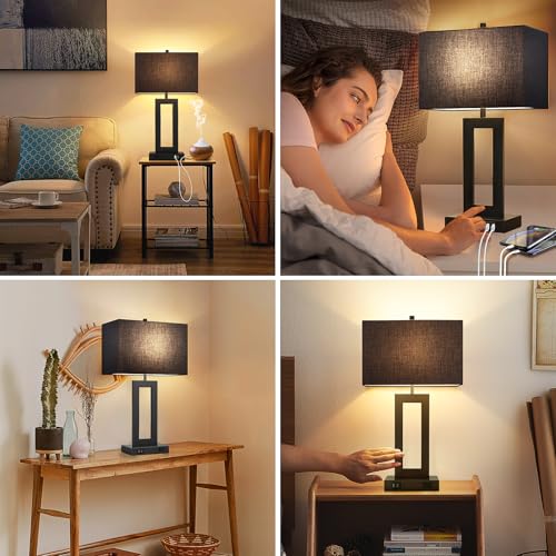 Set of 2 Touch Control Table Lamps with 2 USB Ports&AC Outlet, 3-Way Dimmable Modern Nightstand Lamp Sets, Bedside Black Lamps for Bedroom Living Room End Tables Reading, Bulbs Included, Black Shade | 3 Way Dimmable, Touch Control, Black Fabric Shade, Des
