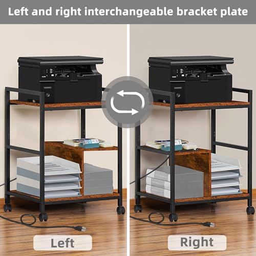 Lerliuo 24" Wide Large Printer Stand with Storage, Brown | Printer Table for Home Office with Charging Station, 3 Tier Industrial Mobile Printer Cart with Lockable Wheels - color: Brown