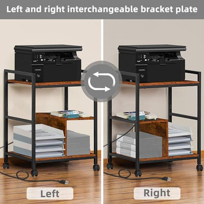 Lerliuo 24" Wide Large Printer Stand with Storage, Brown | Printer Table for Home Office with Charging Station, 3 Tier Industrial Mobile Printer Cart with Lockable Wheels - color: Brown