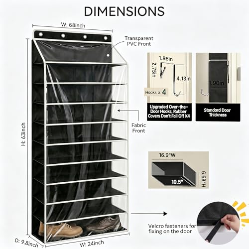 SUREMAX Super Capacity Over The Door Shoe Organizer, 11-Tier Hanging Shoe Rack for Closet Door Fits 33 Pairs, Clear PVC Behind The Door Storage Organizer with Heavy Duty Hooks & Loop Fastener, Black