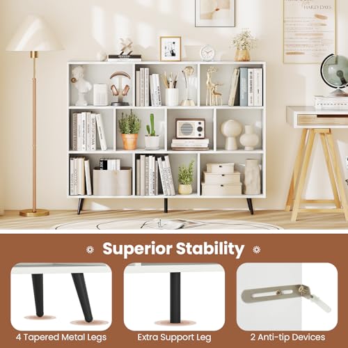 Giantex 10-Cube Bookcase, 3-Tier Modern Bookshelf with 5 Metal Legs, 55" Freestanding Open Storage Organizer with 2 Anti-tip Devices, Mid-Century Display Rack for Living Room (55" x 9.5" x 42") - size: 55" x 9.5" x 42"