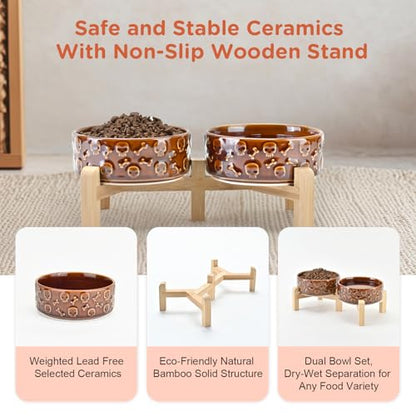 SPUNKYJUNKY Elevated Dog Bowls Ceramic, 5.1'' Dogs and Cat Food Water Bowls Raised with Non-Slip Bamboo Stand for Puppy Small Sized Breed Microwave Dishwasher Safe - 13.5 OZ,Skull Bronze - color: Bronze - Skull, size: 5.1 in - 1.7 cups