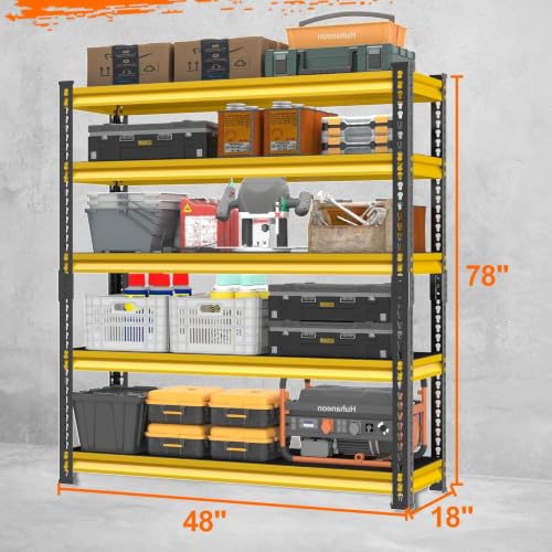 Utility Storage Garage Shelving - 48'' Wide 3000 Lbs Heavy Duty 5 Tier Metal Shelves Adjustable - Freestanding Rack Units for Basement Kitchen Pantry - Yellow 48" W x 18" D x 78" H - size: 48"Wx18"D-5T-YL