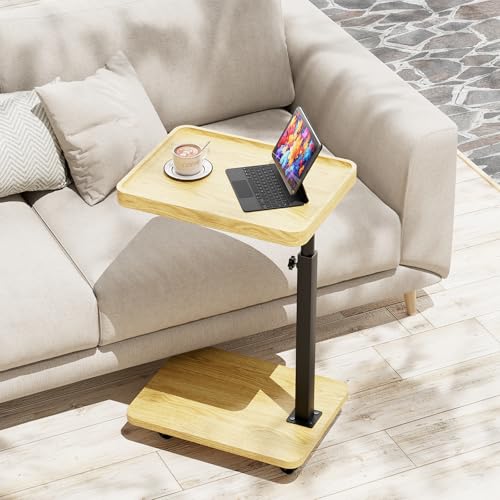 Tv Tray,Adjustable Height C Shaped End Side Table for Eating on Couch That Slide Under,360°Swivel Sofa Snack Dinner Table with Wheels for Living Room and Bedroom, Bed,Chair(Oak+Black) - color: Oak+black