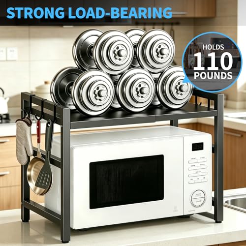 Microwave Oven Rack, 2-Tier Heavy Duty Adjustable Shelf Microwave Stand, Expandable Kitchen Countertop Shelf Organizer with 6 Hooks, 110lbs Weight Capacity for kitchen organizers and storage, Black - size: Adjustable 2 Tier