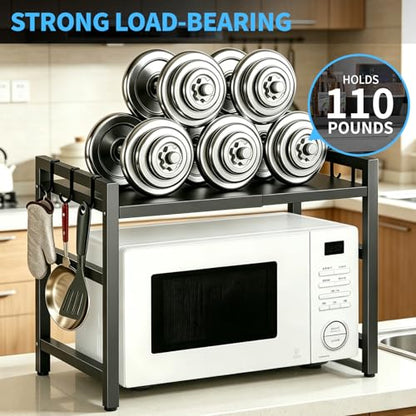Microwave Oven Rack, 2-Tier Heavy Duty Adjustable Shelf Microwave Stand, Expandable Kitchen Countertop Shelf Organizer with 6 Hooks, 110lbs Weight Capacity for kitchen organizers and storage, Black - size: Adjustable 2 Tier