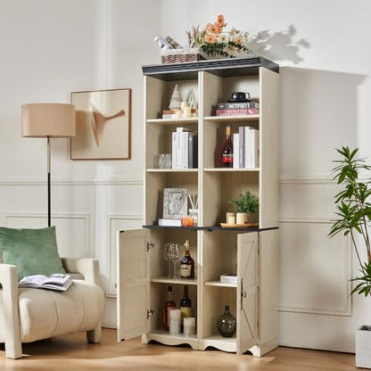 Farmhouse Tall Storage Cabinet with Adjustable Shelves, 3D Wood Grain Finish MDF Bookcase, Open Display Cubbies & Closed Barn Door Storage, Freely Combinable Bookshelf for Bedroom Living Room Office
