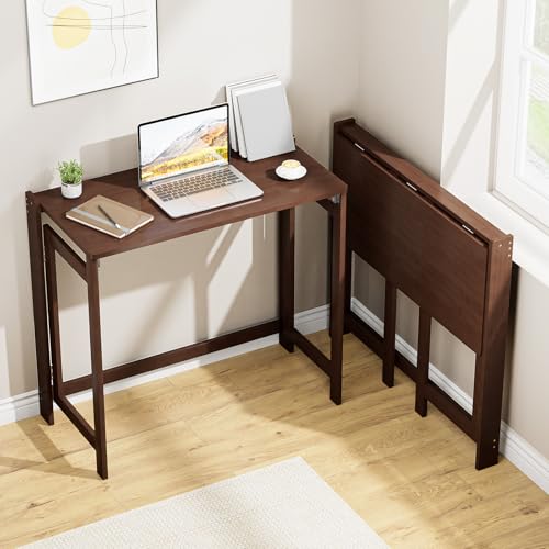 Bamboo Folding Desk 32.68 Inch, Small Foldable Desk for Small Spaces, Writing Desk Computer Table for Bedroom Home Office, Space Saving Foldable Desk, Easy Assembly, Brown - color: Brown, size: 32.68"Wx15.94"Dx29.92"H