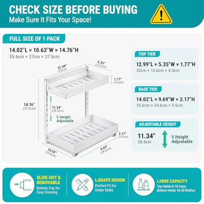 Under Sink Organizer 2 Pack, 2-Tier Metal Slide-Out Cabinet Organizer and Storage for Bathroom Kitchen, Height Adjustable Under Sink Storage Shelf with Pull-Out Drawer (2 Sets)