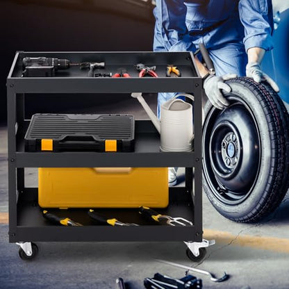 3-Tier Rolling Tool Cart, Mechanic Organizer Push Cart with 4 Universal Wheels & 2 Brakes, Heavy-Duty Metal Service Carts for Home, Kitchen, Warehouse, Garage (Black) - size: 3" Wheels