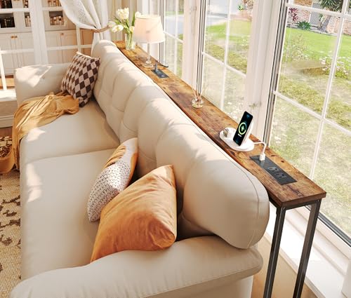 SUPERJARE 86.6 inch Narrow Console Table with Outlet, Sofa Tables, Behind Couch Table, Long Entryway Tables with Charging Station, for Living Room, Rustic Brown - color: Rustic Brown, size: 5.9''D x 86.6''W x 29.7''H