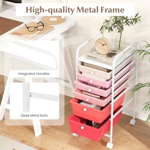 DREAMADE Rolling Cart with Storage Drawers, Utility Cart with Removable Plastic Drawers, Lockable Wheels, Art Cart for Classroom Organization Art Supplies Office Scrapbook (6 Drawers, Mixed-pink) - color: Mixed-pink, style: 6 Drawers