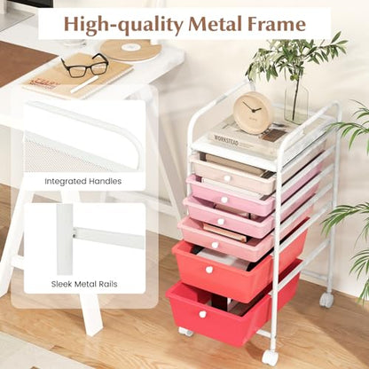 DREAMADE Rolling Cart with Storage Drawers, Utility Cart with Removable Plastic Drawers, Lockable Wheels, Art Cart for Classroom Organization Art Supplies Office Scrapbook (6 Drawers, Mixed-pink) - color: Mixed-pink, style: 6 Drawers
