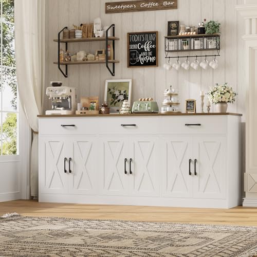 HOSTACK 71"W Farmhouse Kitchen Sideboard Buffet Cabinet with Storage, White | Large Coffee Bar Cabinet with 3 Wide Drawers, Long Buffet Table with Shelves, Kitchen Storage Cabinet for Dining Room - color: White