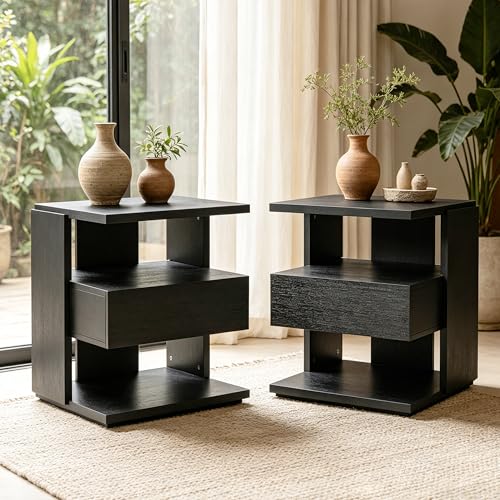 Christopher Knight Home 22" Mid Century Modern Nightstand Set of 2, Wooden Bedside Table with Drawer & 3 Tier Open Shelves, Small Side End Table Night Stand for Bedroom Living Room Small Space, Black - color: Black, size: 2pcs