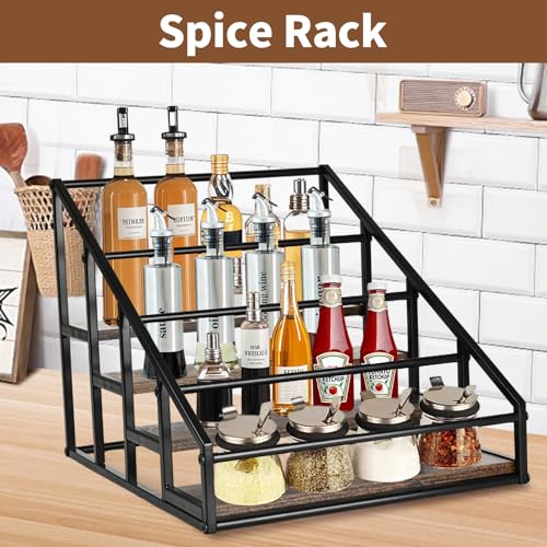 YQBRAO 4-Tier Coffee Syrup Organizer, 16-Bottle Rack, Rustic Brown | Holds up to 16 bottles with stepped visibility; rustic wood and metal design for syrups, kitchens, and home coffee bars. - size: 4 Tier 16 Bottle Syrup Rack - 1 Pack