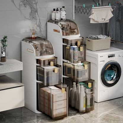 4-Tiers Slim Bathroom Storage Cabinet with Drawers & Tissue Box,Plastic Narrow Rolling Bathroom Tower Cart Waterproof & No Installation for Small Spaces Kitchen Laundry Living Room - size: 4-Tiers