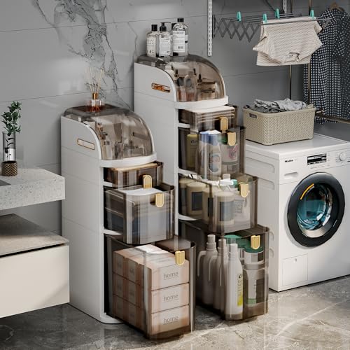 3-Tiers Slim Bathroom Storage Cabinet with Drawers & Tissue Box,Plastic Narrow Rolling Bathroom Tower Cart Waterproof & No Installation for Small Spaces Kitchen Laundry Living Room - size: 3-Tiers
