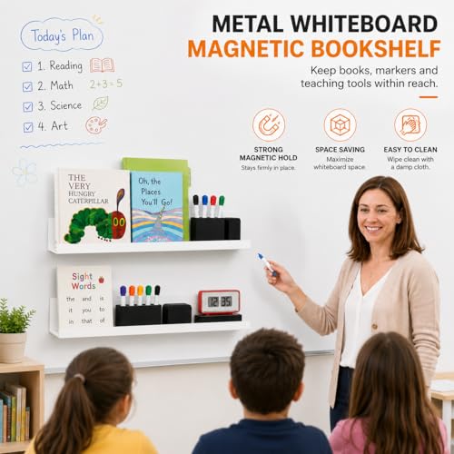 2 Pack Magnetic Book Shelf for Whiteboard, 17 Inch Heavy Duty Metal Magnetic Shelves, Holds 12 lbs, Magnetic Book Display for Classroom Furniture, Office - White - color: White