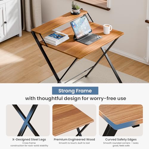 DUMOS Folding Desk with Shelf, No Assembly Computer Desk, Small Space Brown | Foldable Desk with Shelf Saves Space for Bedroom, Office and Dorm Use - color: Brown