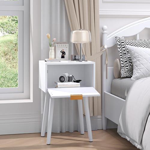 Nightstands Set of 2, Bedside Table with Rattan Door, Boho End Table with Solid Wood Legs for Bedroom, Living Room, Small Space Nightstands, White Color, HNS001W - color: White