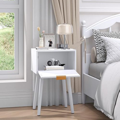 Nightstands Set of 2, Bedside Table with Rattan Door, Boho End Table with Solid Wood Legs for Bedroom, Living Room, Small Space Nightstands, White Color, HNS001W - color: White