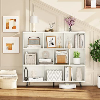 GIANTEX 10-Cube Bookcase, 3-Tier Modern Bookshelf with 5 Metal Legs, 47" Freestanding Open Storage Organizer with 2 Anti-tip Devices, Mid-Century Display Rack for Living Room (47" x 9.5" x 42") - size: 47" x 9.5" x 42"