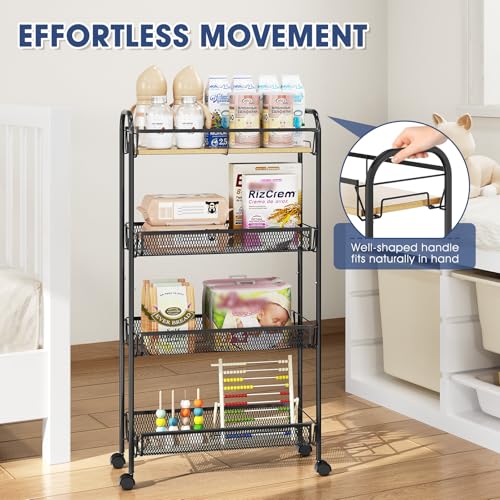 TOOLF 4-Tier Slim Rolling Cart, Metal Utility Cart, Slide Out Storage Cart with Wooden Tabletop and Mesh Baskets for Narrow Space on Kitchen Bathroom Laundry Room Bedroom Apartments Dormitory - size: Slim, style: Black