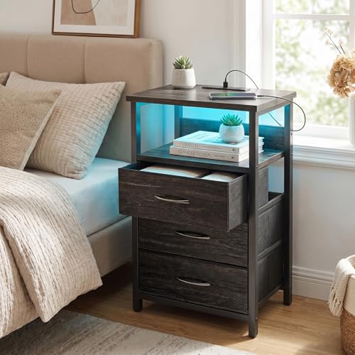 Fixwal Night Stand with Charging Station, LED Nightstand with Fabric Drawers, End Table with PU Finish, Bed Side Table, Black Oak - color: Black Oak, size: 27.6"H (3 drawers), style: Power+Light (1pc)