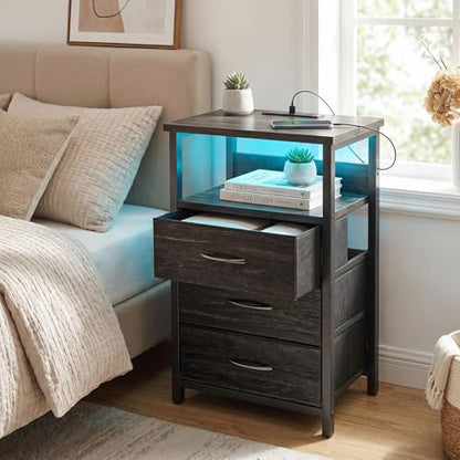 Fixwal Night Stand with Charging Station, LED Nightstand with Fabric Drawers, End Table with PU Finish, Bed Side Table, Black Oak - color: Black Oak, size: 27.6"H (3 drawers), style: Power+Light (1pc)